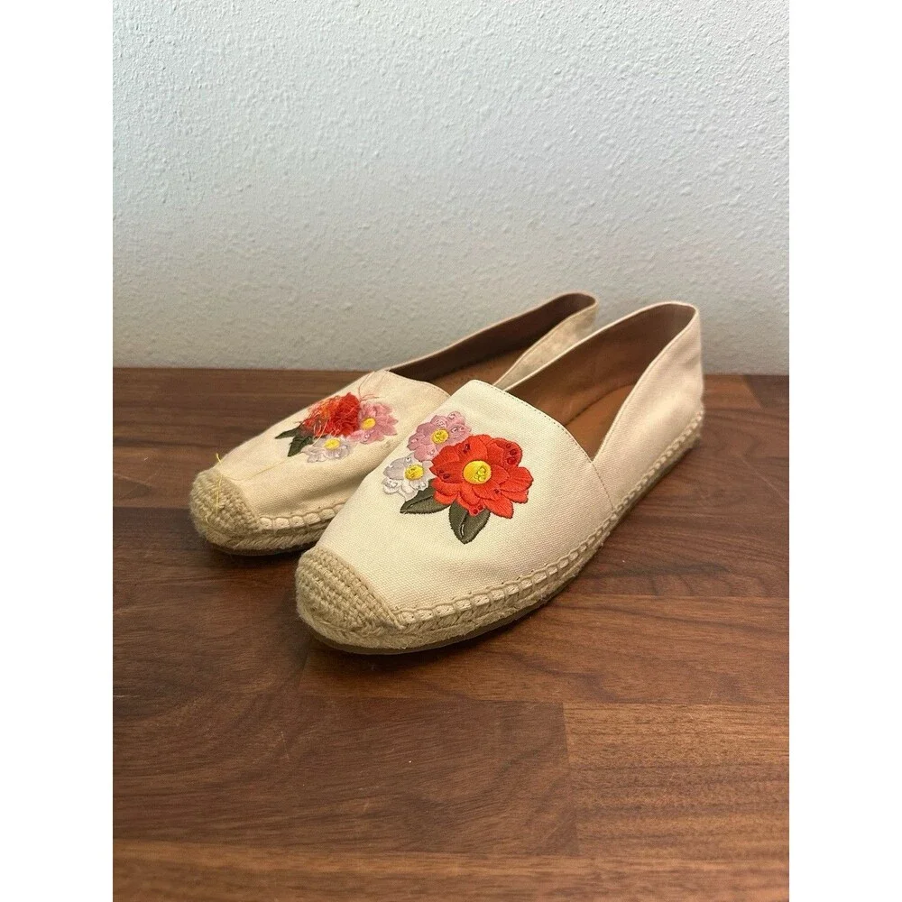 Kate Spade Cream Dahlia Espadrille Flat Loafers w Floral Embroidery Size 8